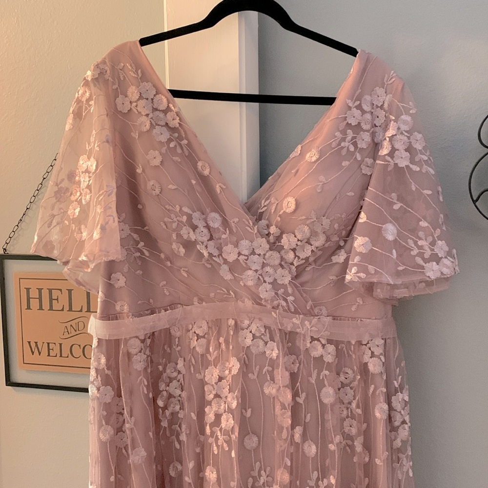 Embroidered Floral Dusty Rose Flutter Sleeve Formal Gown 2x